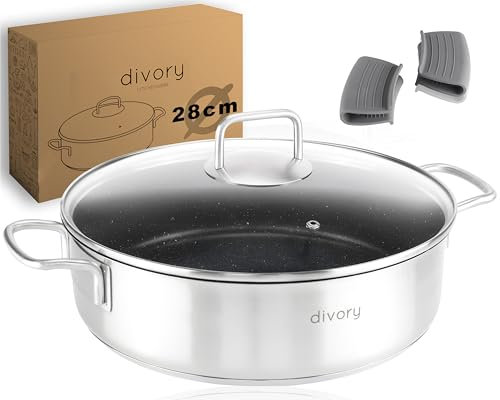 DIVORY Edelstahl Schmorpfanne 28cm ULTIME Induktion, Servierpfanne mit Deckel 4,6l – beschichteter Kochtopf backofenfest, Schmortopf hoher Rand, Spülmaschinengeeignet