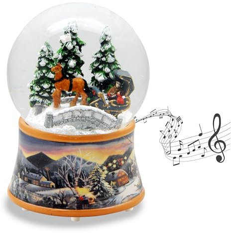 Schneekugel Kutsche über Brücke | Sockel nostalgische Winterlandschaft Ocker | mit Spieluhr | Schüttelkugel Weihnachtsdekoration | B: 10 cm H: 14 cm | 20258