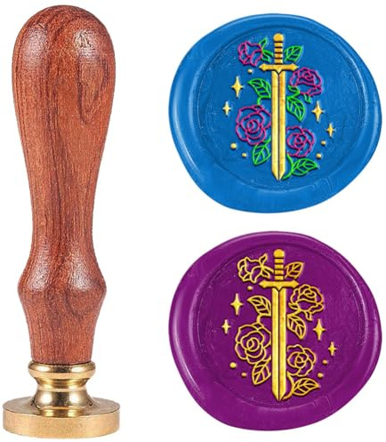 DELORIGIN Siegelstempel Aus Wachs Mit Schwert Und Rose Abnehmbarer 25 Mm Messing Wachssiegelstempelkopf Mit Holzgriff Siegelwachs Für Geburtstage Einladungen Grußkarten