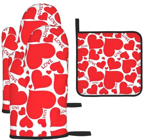 Set di 3 guanti da forno e presine a forma di cuore con scritta Love, guanti da forno da cucina, guanti resistenti al calore