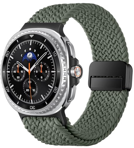 HITZEE Nylonflätade remmar kompatibla med Watch 8 40 mm 44 mm/Watch 8 klassiskt armband 46 mm med metallkontakter, nylonelastiskt sportband med magnetiskt lås för män/kvinnor, grön