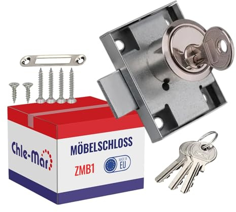 Chle-Mar Schrankschloss mit Schlüssel, Möbelschloss, Zylinderschloss | Aufschraubschloss für Schranktür, Spindschloss mit Schlüssel aus Metall, Einfache Montage, Schloss für Schrank & Schranktür