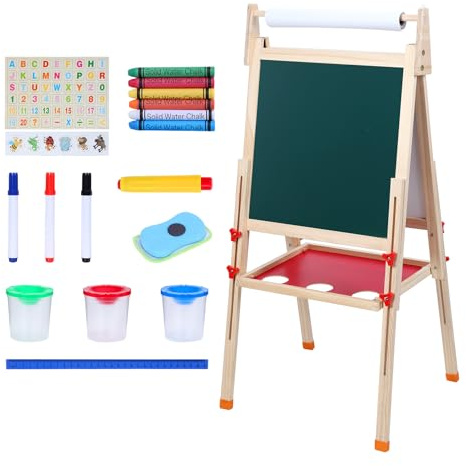Tableau pour enfants - Chevalet d'art 3 en 1 en bois double face avec tableau blanc magnétique - Rouleau de papier - Planche à dessin réglable avec accessoires de peinture - Pour enfants