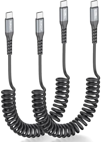 SUNGUY Cavo USB C a USB-C Spirale, 2Pezzi 1,2M [lunghezza di allungamento consigliata: 0,3-0,8M] Android Auto Carplay cavo di ricarica USBC cavo dati per iPhone 16/15 Pro Max Macbook Galaxy-Grigio