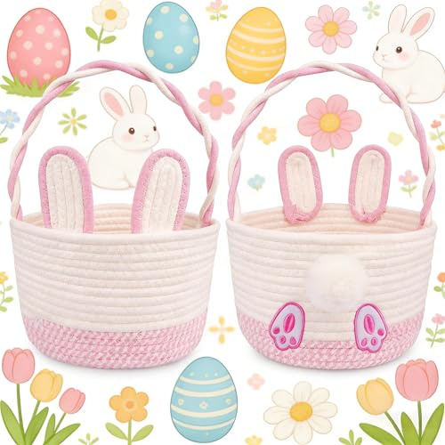 Hkojewp Personalized Easter Basket for Toddler, Bunny Basket for Kids,Empty Woven Rope Cotton for Eggs,Easter Egg Hunt Storage Bin with Handle, Baby Nursery Candy for Boys and Girls, 9''×12''