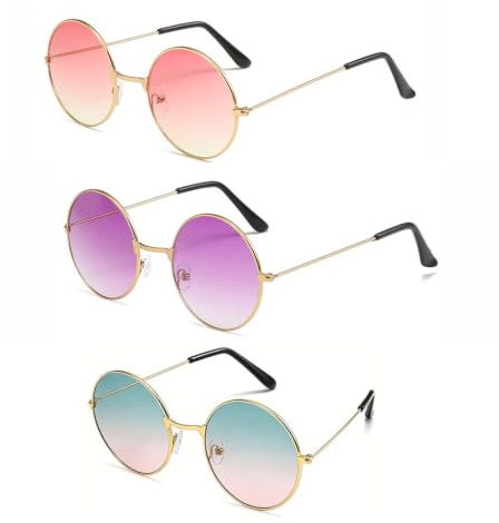 3 Paar Runde Sonnenbrille Bunt Retro Festival Herren Damen Hippie 70er | UV400 Schutz, Partybrillen, Outfit Karneval, farbenfroh gemustert, tragbar, Set Trio, Party Event, stabil elegant