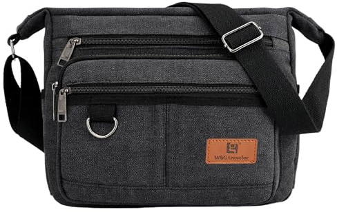 W&G traveler Sac messager à bandoulière RFID pour iPad Pro 12,9 pouces, porte-monnaie Sacoche, Sac d’ordinateur cartable avec porte-bouteille d’eau, Portefeuille intégré, Poches multiples, Noir