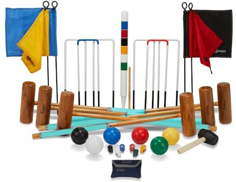 Uber Games Garden 4 Player Complete Croquet Set – Includes 4 Hardwood Mallets, 4 Composite Balls, 6 Steel Hoops, 1 Centre Peg, Hoop Smasher & Corner Flags – Premium Outdoor Game for Family Gatherings