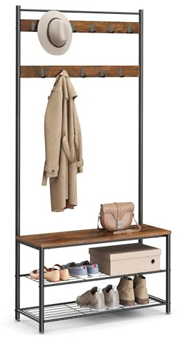 VASAGLE Coat Rack, Coat Stand with Shoe Storage Bench, Hall Tree with Shoe Rack, 3-in-1 Design, Steel Frame, for Hallway, Entrance, 32 x 85 x 175 cm, Industrial, Rustic Brown and Black HSR401B01