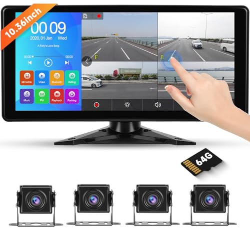 Hodozzy Rückfahrkamera mit Kabel 4 Kamera System mit 10.36 Zoll IPS Bluetooth Touchcreen, 1080P DVR 4 Geteilte Monitor, mit USB/SD Karte, IP69 Wasserdicht Nachtsicht für LKW RV Traktor 7V-32V