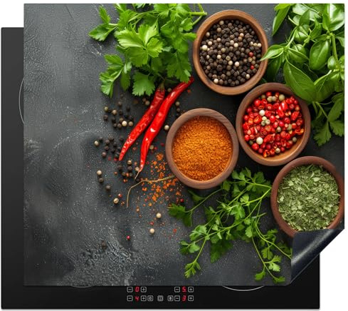 KitchenYeah© Herdabdeckplatte 60x52 cm Einteilig Herdabdeckung Abdeckplatte für Ceranfeld Abdeckung Induktionskochfeld Aufrollbare Matte Kräuter - Beton - Chilischoten - Pflanzen - Gewürze