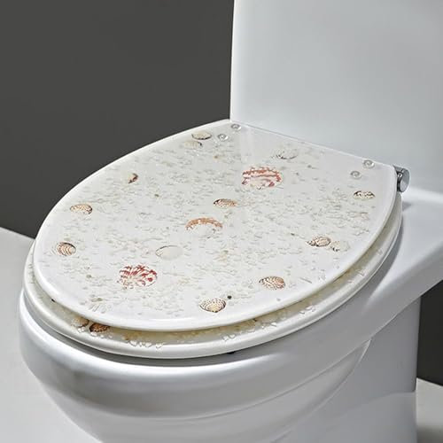 Toilettendeckel mit Absenkautomatik und Quick-Release-Funktion, WC Sitze mit Transparent Harz, Scharnieren aus Edelstahl, 3D-Ozean-Serie Toilettensitz mit Echte Muscheln und Sande (M)