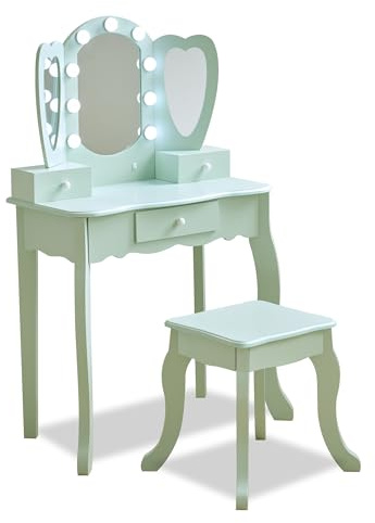 Teamson Kids Coiffeuse Enfant cœur Verte avec Miroir LED Triple Tabouret tiroirs Accessoires pour favoriser Imagination et autonomie