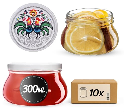KADAX syltburkar 300 ml med fi82 mm skruvlock, små konserveringsburkar för honung och kryddor, syltburkar med lock, lufttäta burkar att ge bort (tuppar, 10 stycken)