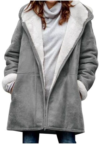 Generico Cappottino Donna Invernale Parka Donna Invernale con Cappuccio Caldo Giacconi Vento Giacche Pelliccie Sintetiche Oversize Termico Teddy Peloso Kleidung 13#Grigio XXL