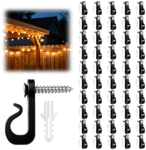 glonest 50Pack Q-Hanger Screw in Hooks Screw Hooks with Safety Buckle for Light Wire for Hanging String Lights Plants Hanger Hook Garage New Year Party for Garden Fence Patio Outdoor String Lights