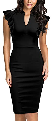 Knitee Women's Vintage Ruffle Sleeve V-Neck Bodycon Evening Party Cocktail Pencil Sheath Dress (Black, Small)