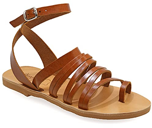 39 Dunkelbraun Emmanuela Antike griechische Sandalen, hochwertige handgefertigte Leder Zehenring flache Sandalen, verstellbare Schnalle Riemchensandalen, Boho Chic Knöchelriemen Sommerschuhe