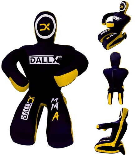 DALLX MMA Grappling Dummy BBJ Wrestling Brazilian Jiu Jitsu Punching Bag Judo Karate Throwing Boxing Fighting Dummy Self Defense Sitting Position – UNFILLED (Black Yellow, 4 FT)