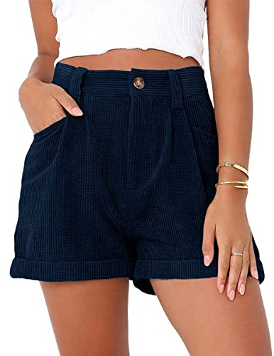 ORANDESIGNE Pantalon en Velours Côtelé pour Femme Eté Shorts Casual Pantalon Courte Taille Haute Rétro Confortable Décontracté Couleur Unie Plage Short avec Poches A Bleu Profond XL