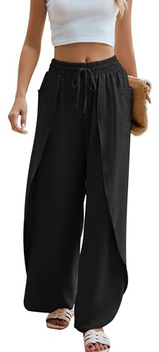 BMJL Pantaloni da Spiaggia da Donna in Stile Bohémien, Pantaloni Estivi a Palazzo, a Vita Alta, con Spacco Laterale e Gamba Larga, per Vacanze e Viaggi, Nero, M