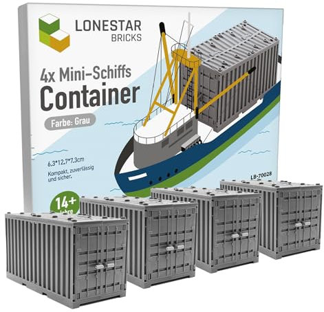 LONESTAR Klemmbausteine Schiffs Container Set, 4X Frachtcontainer Grau, kompatibel mit Klemmbaustein Systemen, realistisches Design, stapelbar, kreativ erweiterbar, Zubehör für Hafen-Szenarien