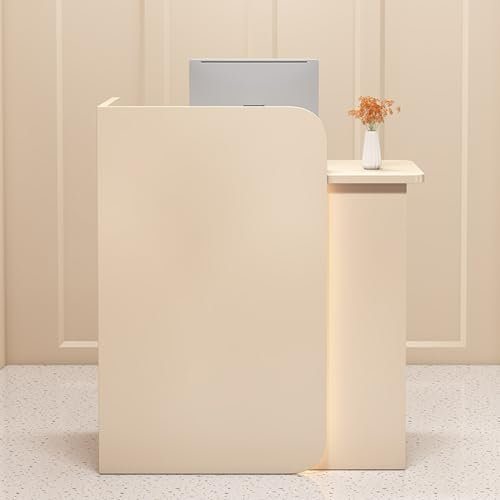 YVYKFZD Empfangstheke, Rezeptionstheken mit LED-Leuchten und abschließbaren Schubladen, Empfangstresen aus Holz, Rezeption Kassentisch für Salon, Spa, Lobby(Almond Yellow,L 100cm/39.3)