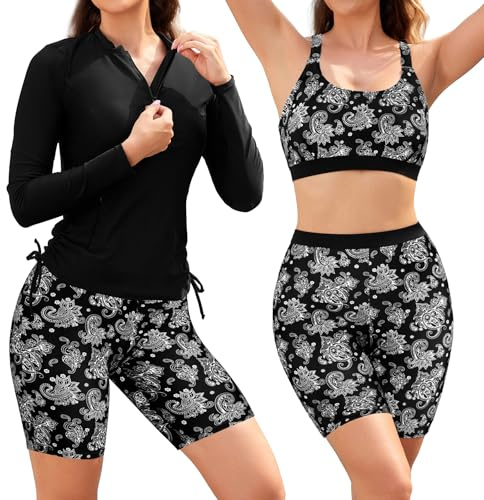 SHEKINI Rashguard, set da 3 pezzi, costume da bagno da donna, con reggiseno integrato, canotta a maniche lunghe, con chiusura lampo, Nero , L