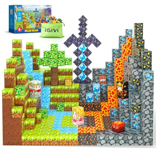 IGIVI Magnetblock - Build Mine Magnet World Lava Valley - leksaker för barn från 3+ år, sensoriska leksaker för småbarn - kreativ leksak med speltema - presenter till pojkar och flickor