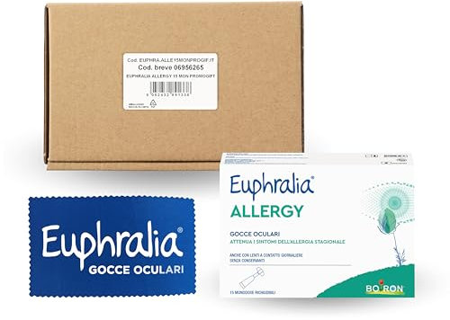 Euphralia Allergy - Gocce Oculari, Allergia, Congiuntivite Allergica, Fastidio Oculare, con Acido laluronico e Vitamina B12 - Confezione da 15 Monodose Richiudibili + Panno Occhiali