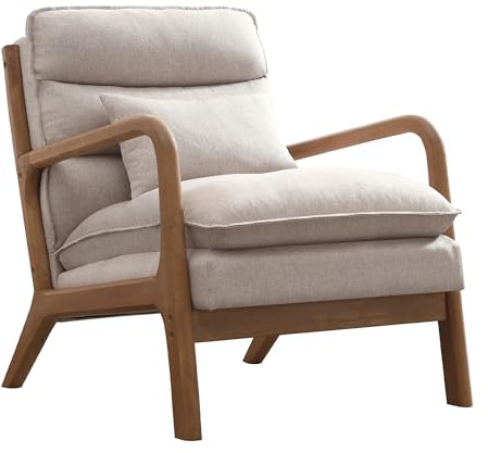 EBELLO Modern Accent Chair, Solid Wood Padding Armchairs With Lumbar Pillow, Reading Chair with Soft Cushion, Lounge Chairs for Living Room, Bedroom, Balcony, Beige