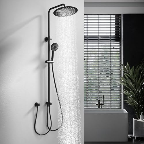 HOMELODY Regendusche Schwarz Duschsystem ohne Armatur, 300mm Rund Regendusche Edelstahl Duschset, Höhenverstellbar, 3 Strahlarten Duschkopf, Duschsystem, Duschsäule Duschset für Dusche