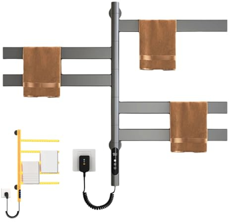 Scaldasalviette Elettrico Girevole a 180° Da Parete, Scaldasalviette Girevole per Bagno, Portasciugamani Girevole a 5 Barre Quadrate Con Timer Da 1 a 9 Ore E Indicatore LED Grey