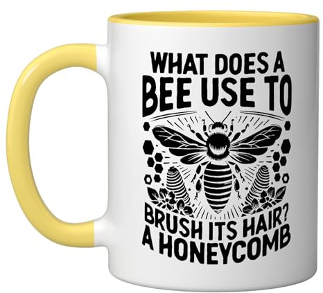 What Does A Bee Use To Brush Its Hair A Honeycomb Beekeeper Ceramic Mug, Yellow/White