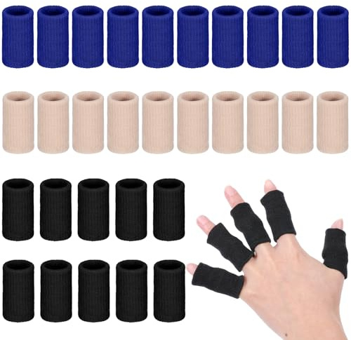 30 Pcs Sport Finger Sleeves, Finger Compression Sleeves, Elastic Fingers Support Protector for Fingers Arthritis Swelling Basketball Sport, Breathable Elastic Pain Relief (Black, Blue, Beige)