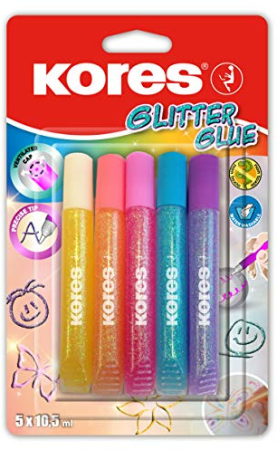 Kores – pastellglitter limpennor för barn, säkra och icke-giftiga för konst och hantverk, exakt spets, paket med 5 färger x 10,5 ml