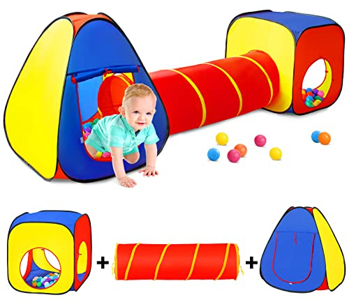 Kids Play Tent with Ball Pit+Crawl Tunnel+Castle Tent, Pop Up Toddlers Playhouse for Boys and Girls Gift, Collapsible Children Play Tent Toy Indoor and Outdoor Games (Colorful Fort)
