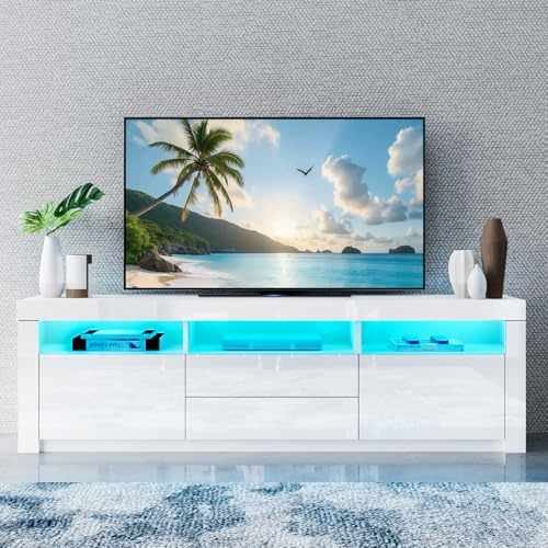 Senvoziii TV Cabinet, White Gloss TV Stand Unit with Led Lights, Modern TV Stand Storage with 2 Drawers 2 Doors, TV Entertainment Unit for Living Room Furniture Decor, 160x35x60cm