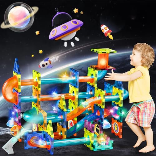 Magnetische Bausteine 75 Stück Murmelbahn Magnete Kinder, Magnetic Bauklötze Baukasten Spielzeug ab 3 Jahre, Kreatives 3D Magnetbausteine, Magnetspiel Geschenke für Jungen Mädchen Hause & Schulen