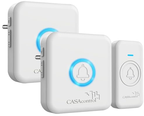 CASAcontrol Haustürklingel: Funk-Klingel-Taster & 2 Steckdosen-Empfänger, 64 Melodien, IP56, weiß (Funkklingel Lichtsignal, Funkklingel mit optischem Signal, Steckdose)