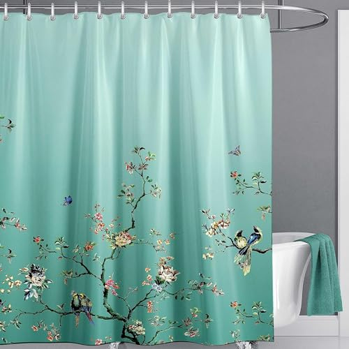 LIVETTY Ombré-Duschvorhang mit grünem Vogel, extra lang, 180 x 210 cm, Blumenmuster, Schmetterlingsstoff, schimmelresistent, waschbar, Duschvorhang mit 12 Haken
