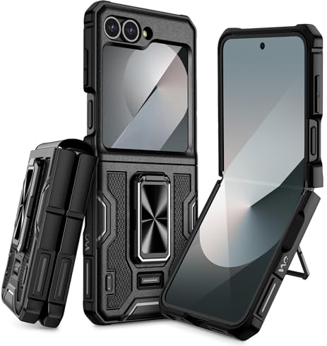 Doeshine for Samsung Galaxy Flip 6 Case/Z Flip 7 FE [Not for Flip 7] with Ring Kickstand, Built in Back Screen Protector & Hinge Protection, Heavy Duty Shockproof Hard Cover (Black)