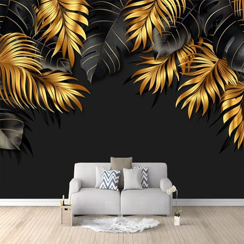 Papier Peint Panoramique Planter Des Feuilles De Palmier 3D Effet Noir Et Or pour Couloir Canapé Fond Décoration, Papier Peint intissé pour Chambre Salon Décoration Murale, 400 x 280 cm