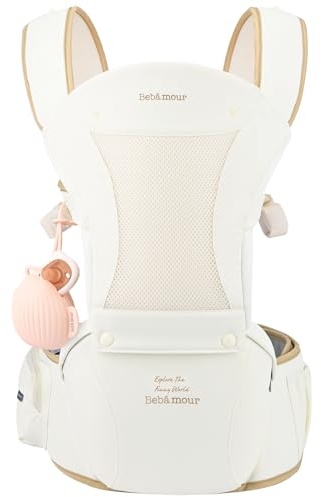 Bebamour Baby Carrier with Hip Seat,All-Position Breathable Mesh Hip Seat & Carrier 0-36Months with Head Hood, 3 PCS Teething Pads, Waist Extender,Storage Bag & Pacifier Case(Khaki)