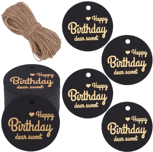 SOFPLATE 1 Box Mit 100 schwarzen „Happy Birthday“ Anhängern Geschenketiketten 1.77{6} cm Groß Flach Rund Elegantes Papier Zum Aufhängen Mit Loch Juteschnur Geschenkanhänger Für Geschenke Geburtstagspa