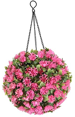 Luxshiny Hanging Led Light Floral Topiary Ball Pink Artificial Flower Decor for Garden Wedding Seasonal Decoration Realistic Design for Indoor Outdoor Use