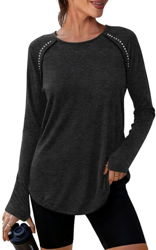 Crewhpo Maglietta Sportiva Donna Manica Lunga Maglie Yoga Girocollo Maglia Tecnica con Fori per i Pollici Traspirante UPF 50+ Magliette Sportive Leggera T Shirt Sportivo Asciugatura Rapida S-XXL