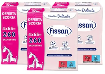 FISSAN Salviettine Delicate - Per Neonati e Bambini - Dermatologicamente Testate - 96% Ingredienti di Origine Naturale - con Proprietà lenitive dello Zinco - Senza Alcol - 3x4 Confezioni - 780 Pezzi