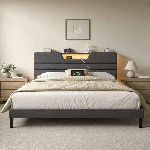 OURPIC King Size Bed Frames with Upholstered Headboard, Modern Platform Bed with Charging Station and Led Lights, Bed Frame with Sturdy Wooden Slats/No Box Spring Needed/2-Tier Storage, Grey