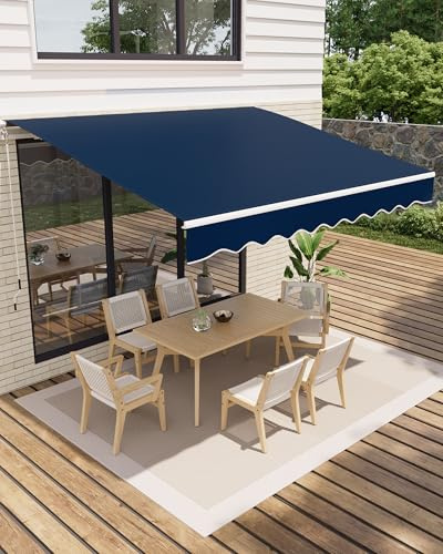 GarveeLife Retractable Awning, Waterproof Patio Awning, Sun Shade Awning with Manual Crank Handle, Aluminum Frame, 280 g/㎡ Polyester Fabric, for Deck, Porch, Balcony (Blue, 13'x10')